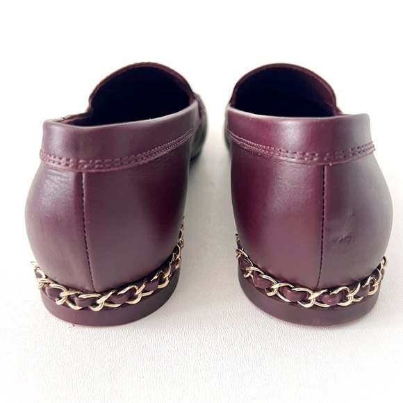 CHANEL | CC Interlocking Logo Gold Chain Burgundy Leather Loafers Moccasin 37.5 - Picture 9 of 16